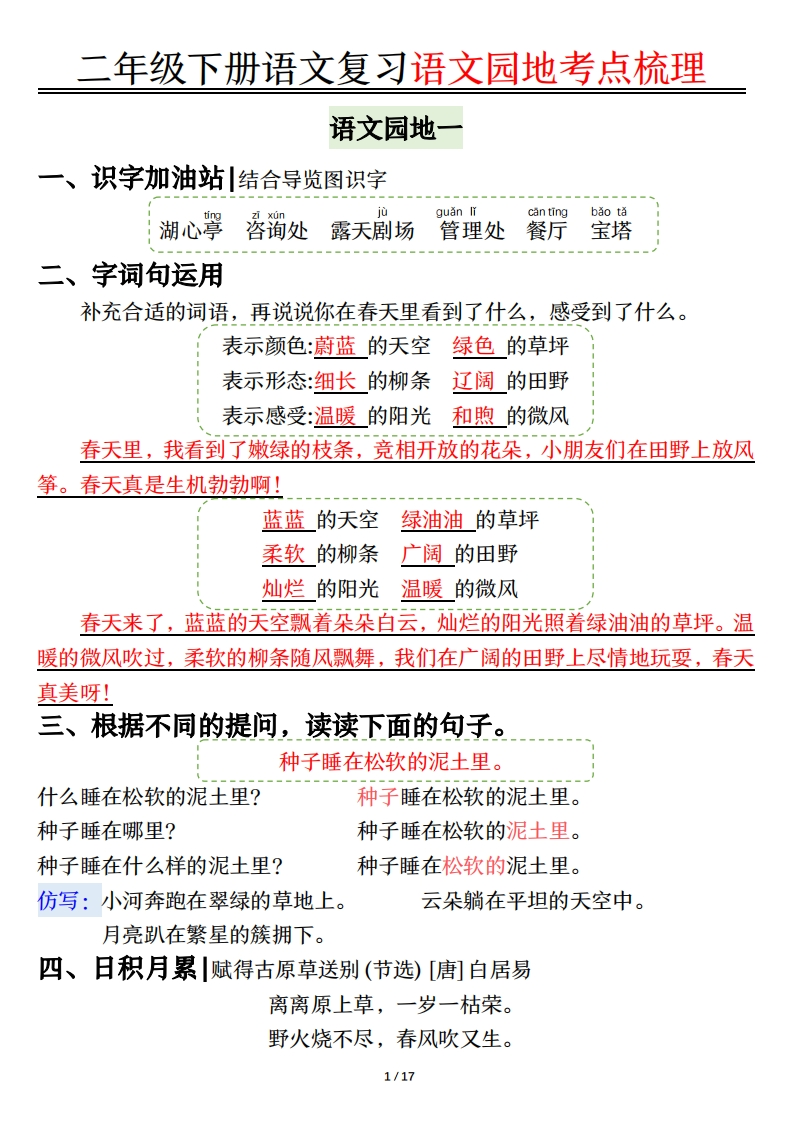 二下语文复习语文园地考点梳理（17页）-watiku