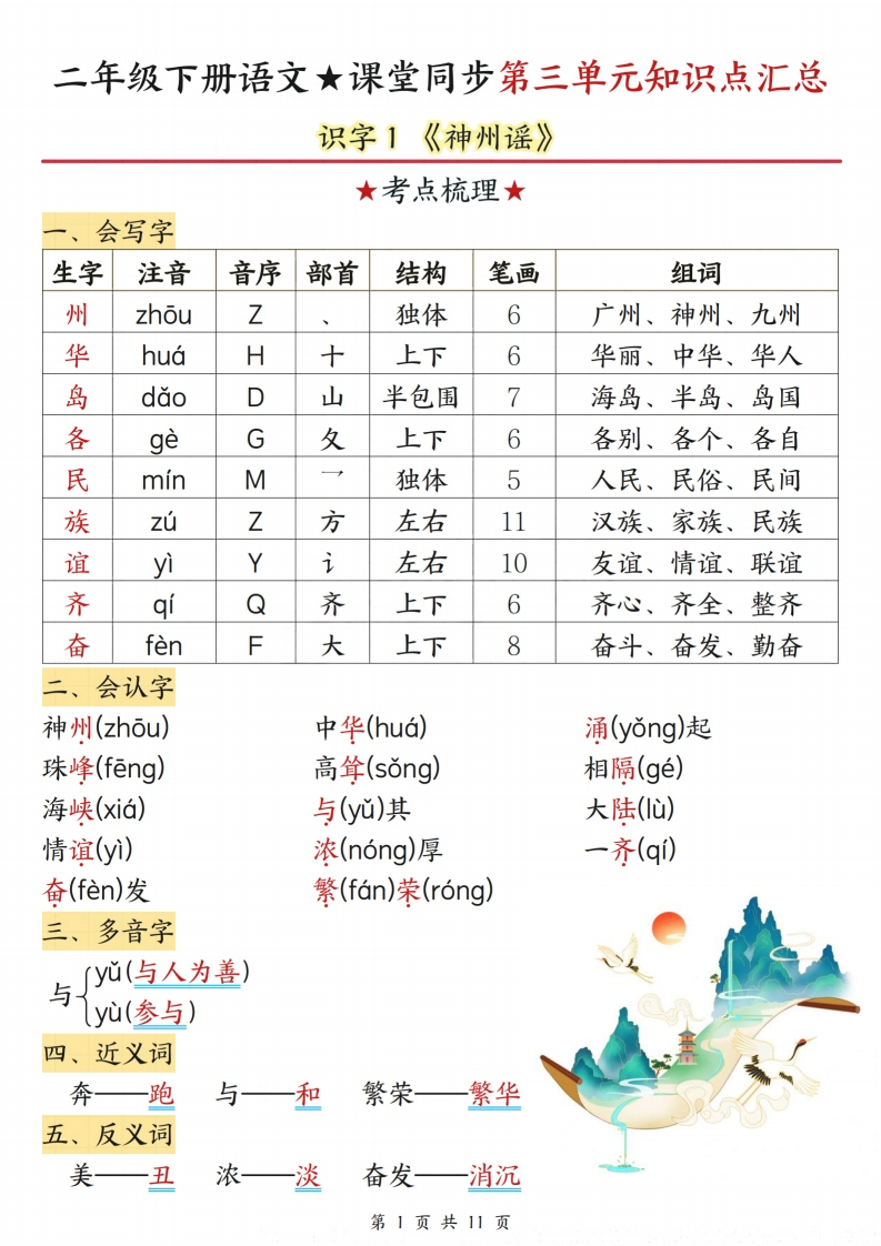 二下语文课堂同步第三单元知识点汇总（11页）-watiku