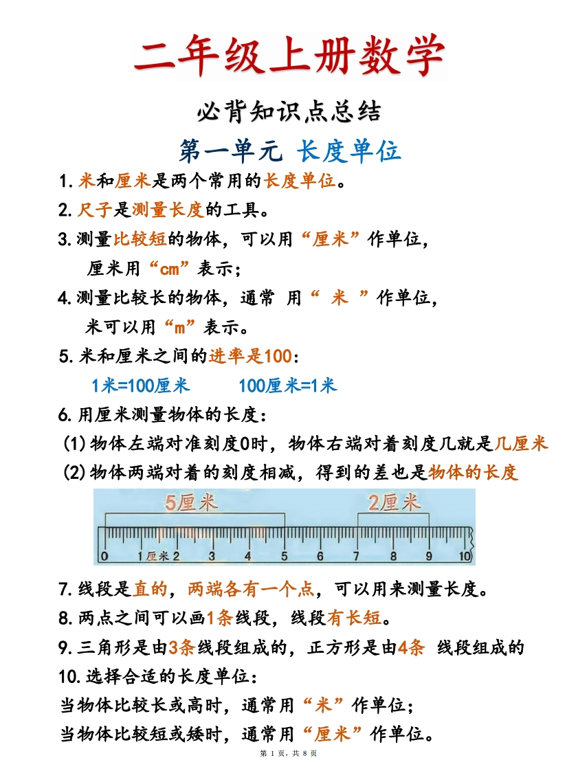 二年级上册数学必背知识点总结必背公式汇总（8页）-watiku
