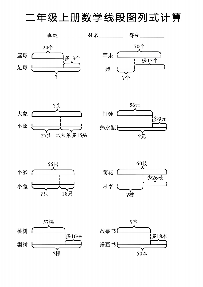 二年级上册数学重难点线段图列式计算（含答案）