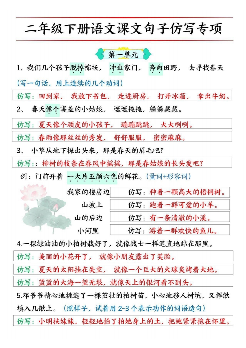 二年级下册1-8单元句子仿写专项训练-watiku