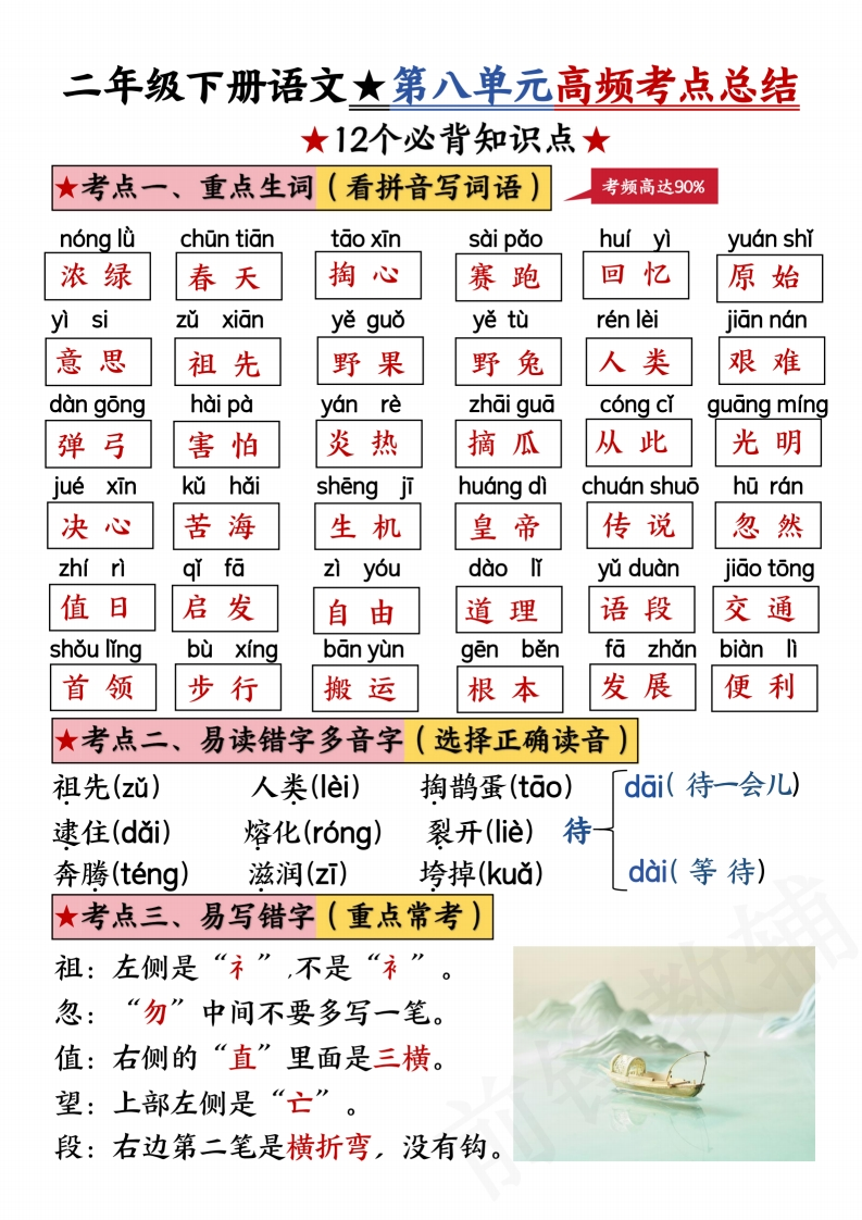 二年级下册语文第八单元高频考点总结.pdf_-watiku