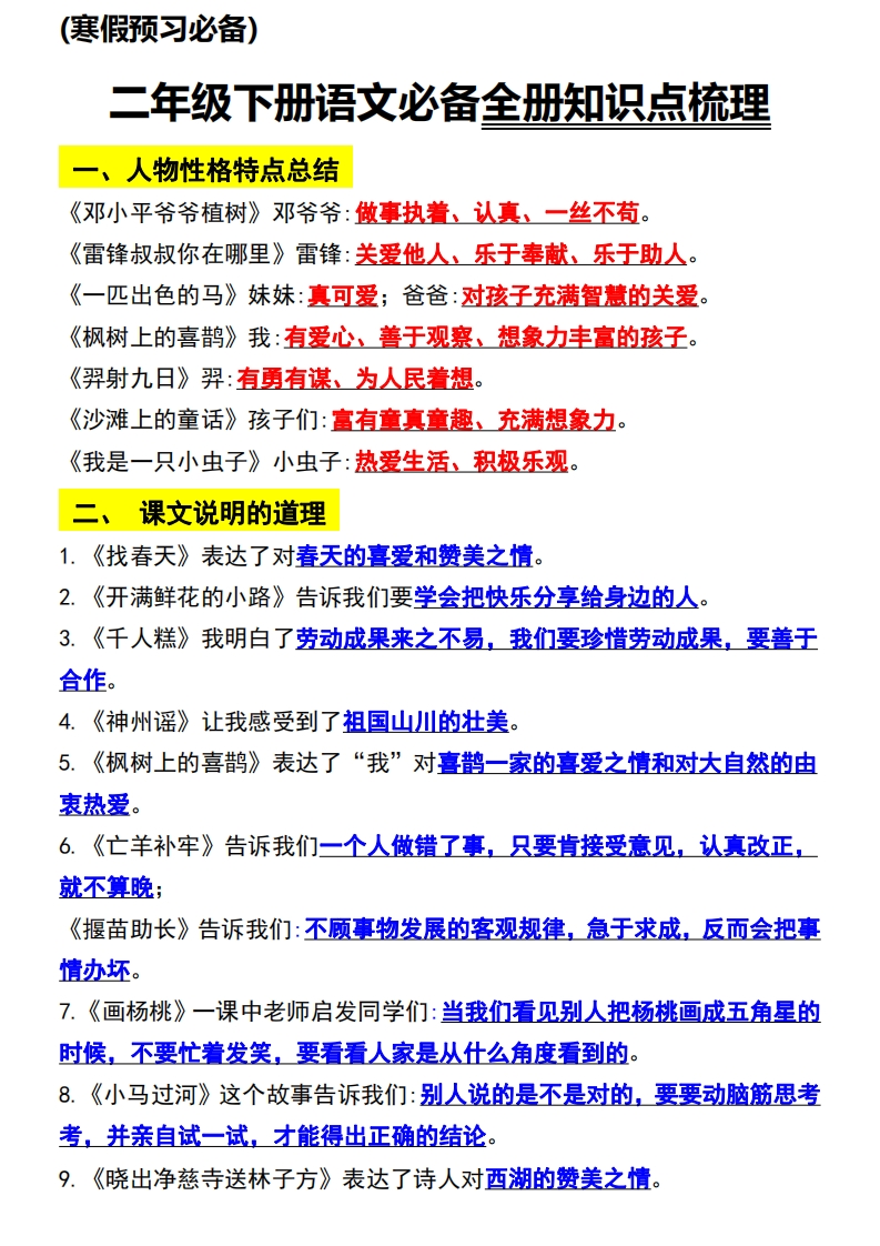 二年级语文下册知识点归纳总复习-watiku