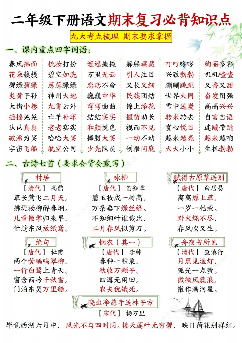 二年级（下）语文期末复习必背九大考点梳理-watiku