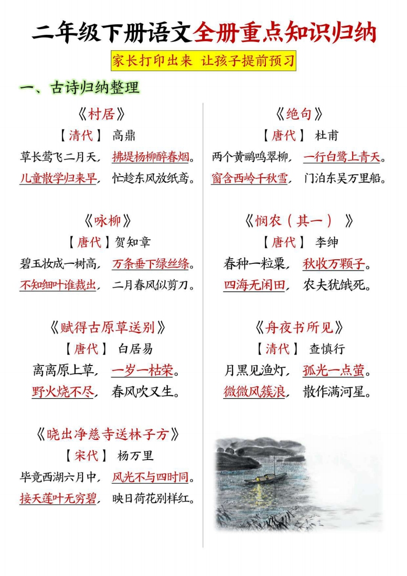 二（下）语文全册重点知识点汇总共12页-watiku