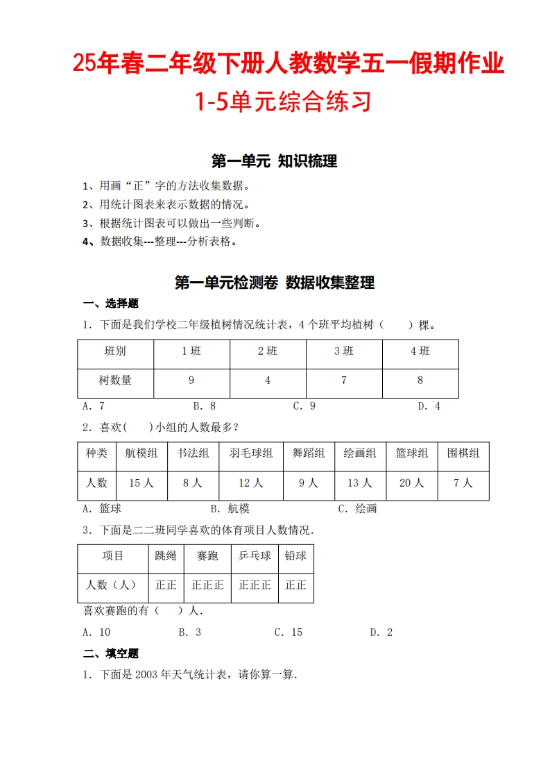 人教数学二下五一作业1-5单元综合练习-watiku