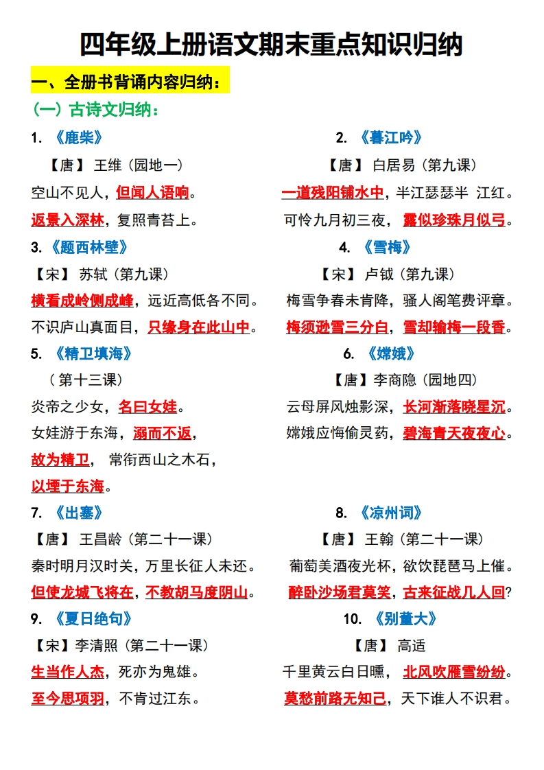 四年级上册语文期末重点知识归纳(1)-watiku
