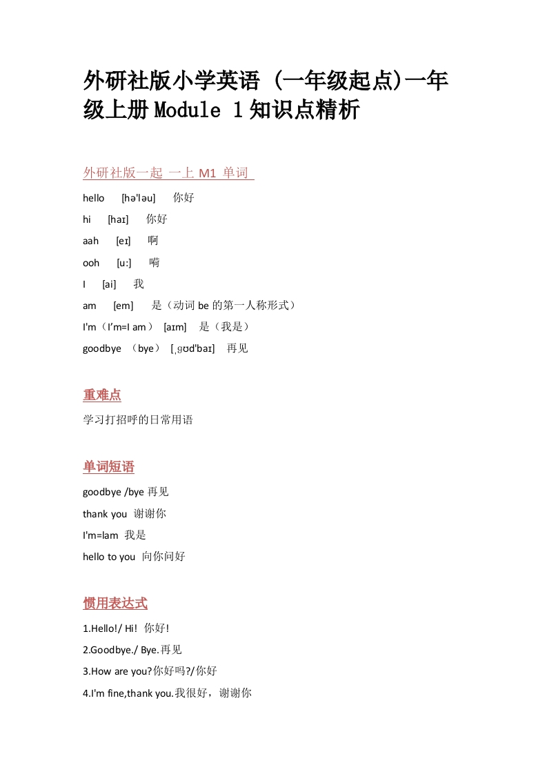 外研社版小学英语(一年级起点)一年级上册Module1知识点精析-watiku