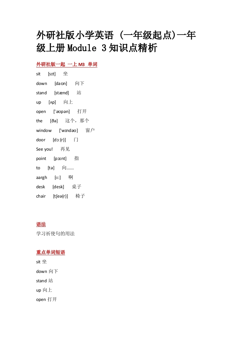 外研社版小学英语(一年级起点)一年级上册Module3知识点精析-watiku