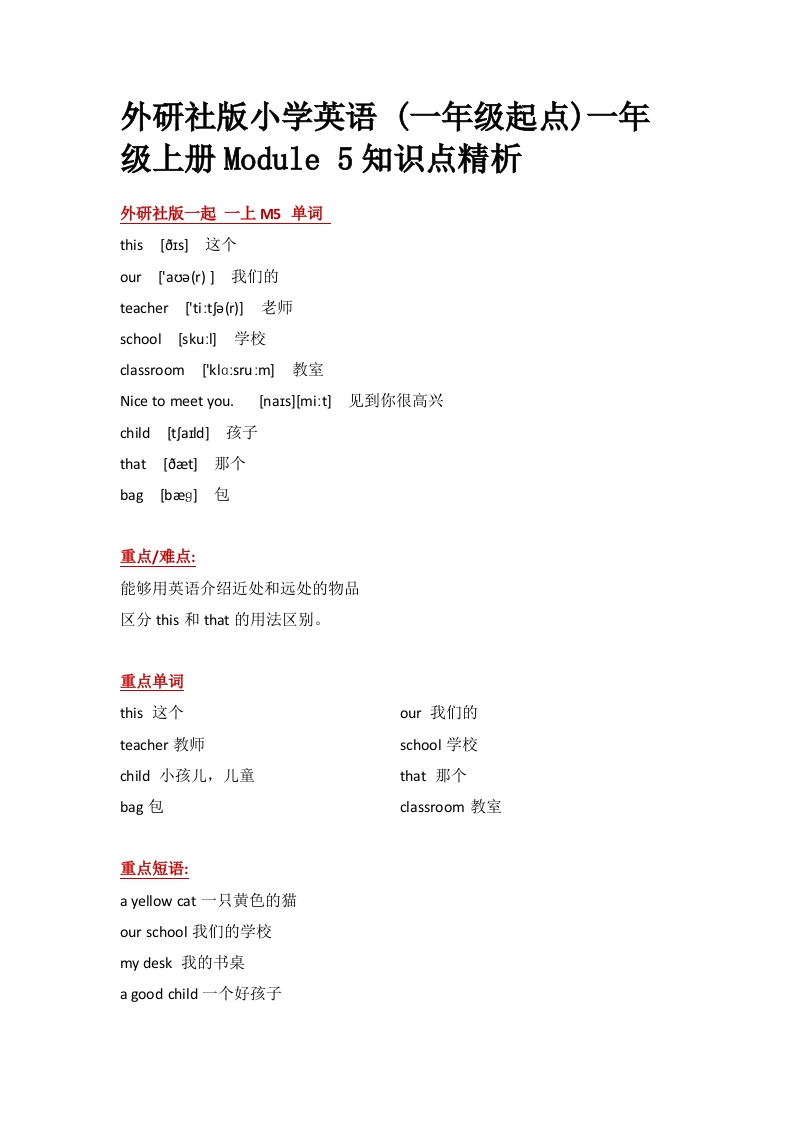 外研社版小学英语(一年级起点)一年级上册Module5知识点精析-watiku