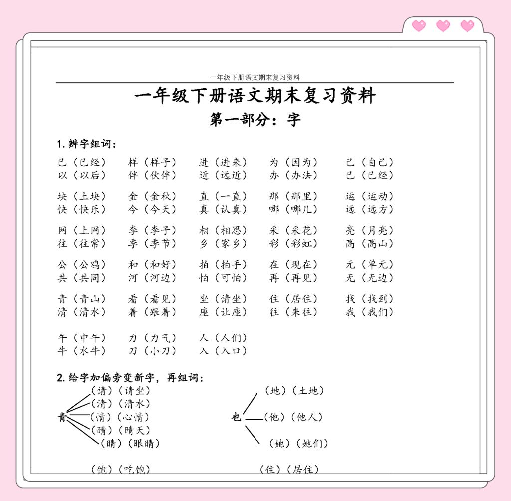 一年级语文（下册）期末复习资料整理（共16页）-watiku