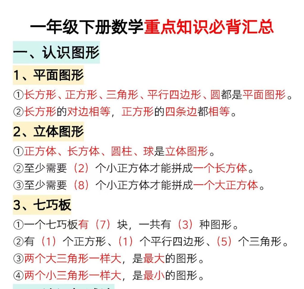 一年级下册数学重点知识必背汇总（共9页）-watiku
