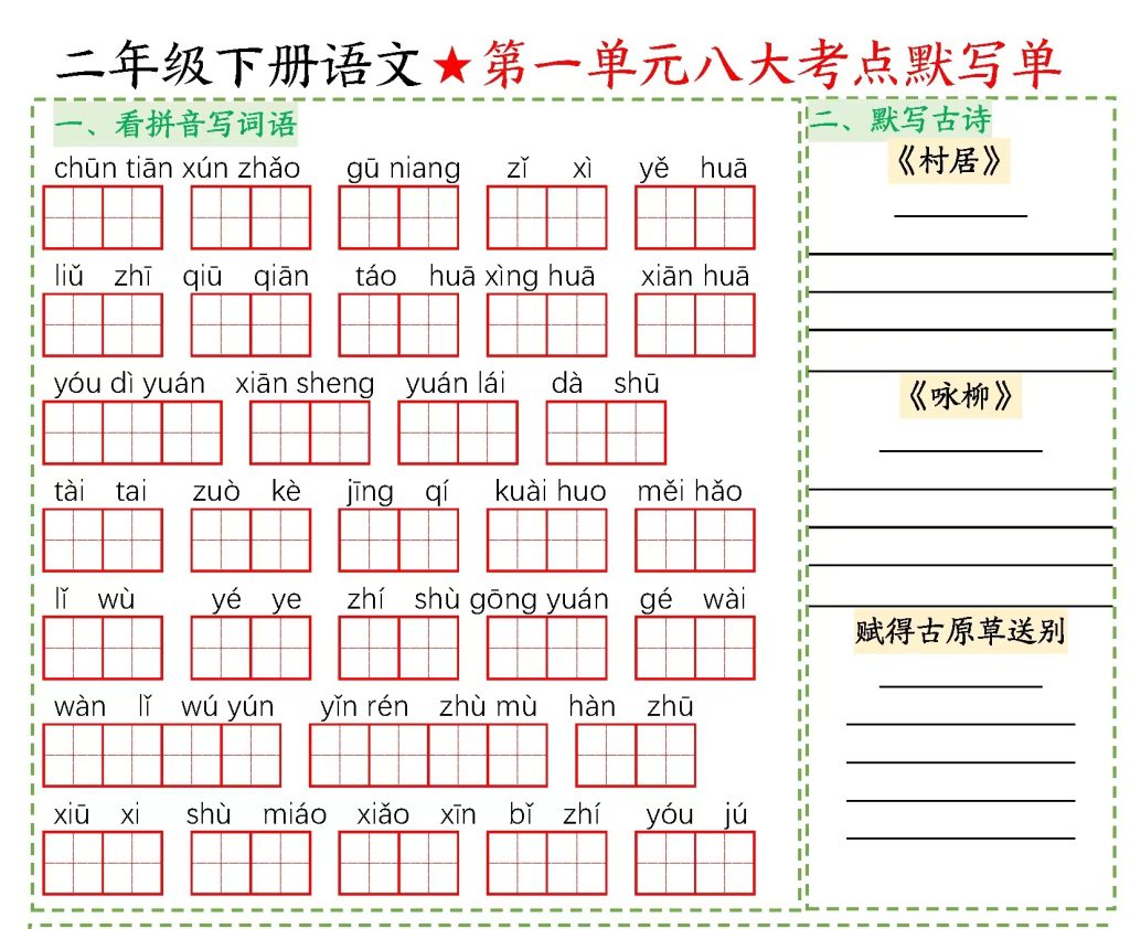 【语文】二年级下册语文八大考点默写单空白-watiku