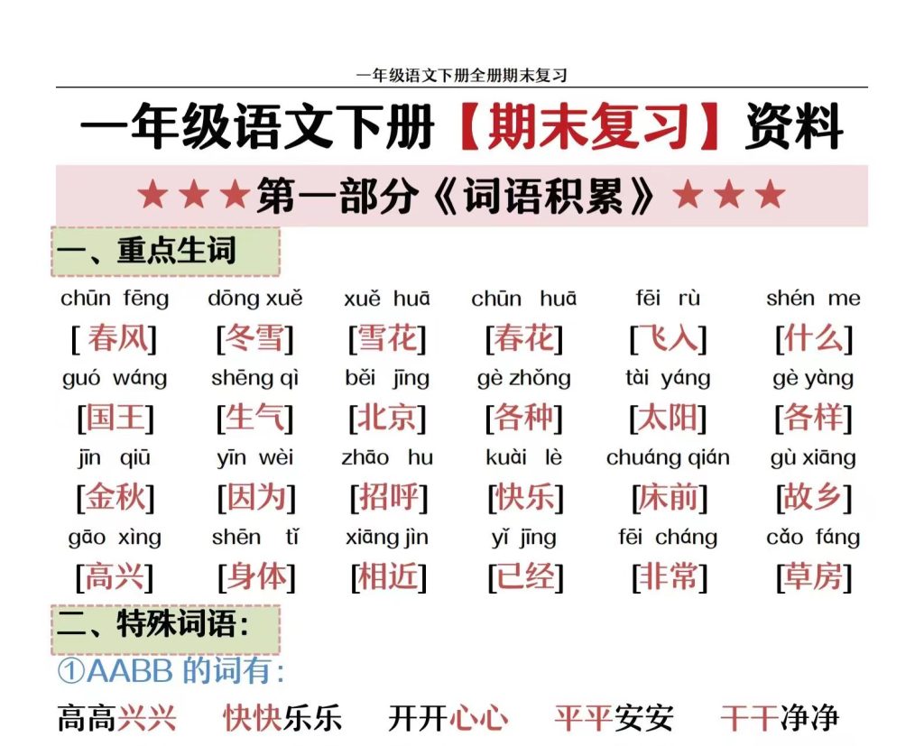 一下语文期末总复习期末全册复习资料（共16页）-watiku
