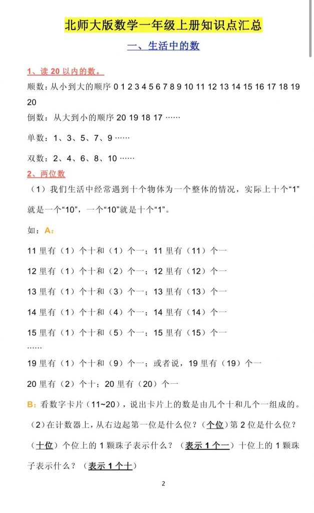 北师大版数学1-6年级上册知识点汇总（找对应年级下载）-watiku