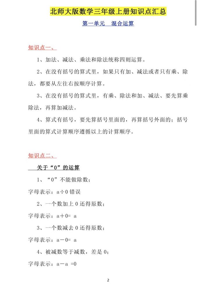 北师大版数学1-6年级上册知识点汇总（找对应年级下载）