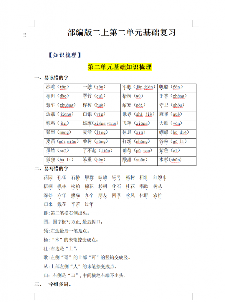 精品单元热点难点二年级语文上册单元知识点盘点部编人教版(8)份)