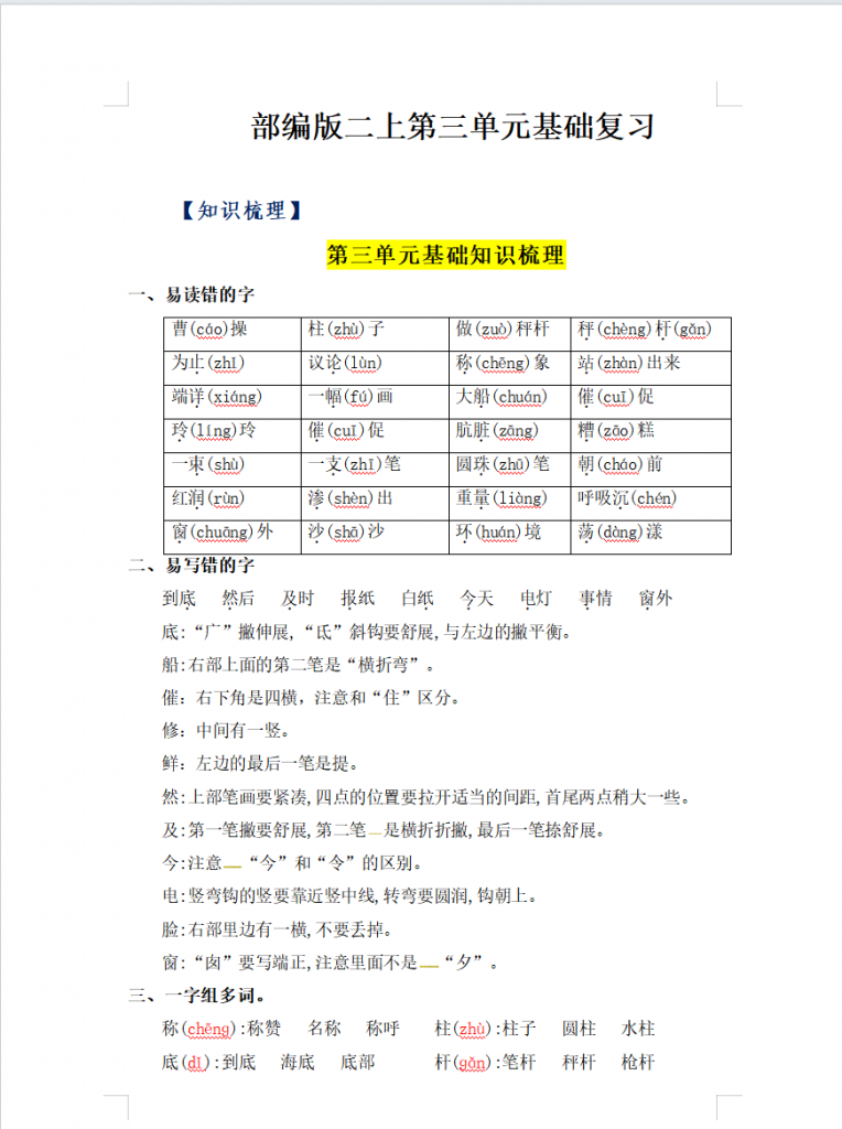 精品单元热点难点二年级语文上册单元知识点盘点部编人教版(8)份)