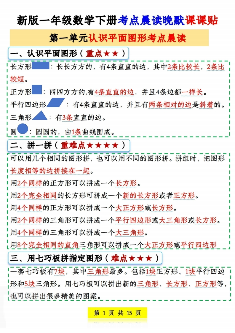 新版一年级数学下册考点晨读晚默课课贴-watiku