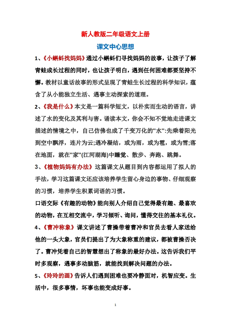 最新人教版部编版二年级上册语文课文中心思想及日积月累-watiku