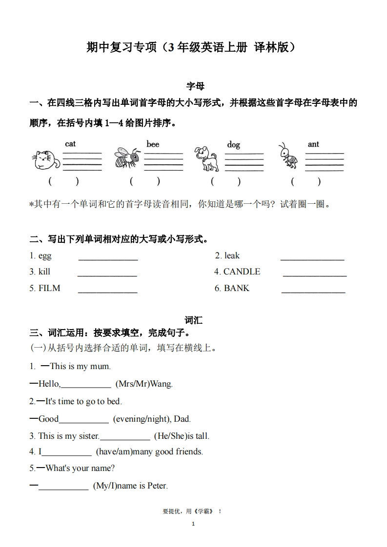 期中复习专项（3年级英语上册译林版）-watiku