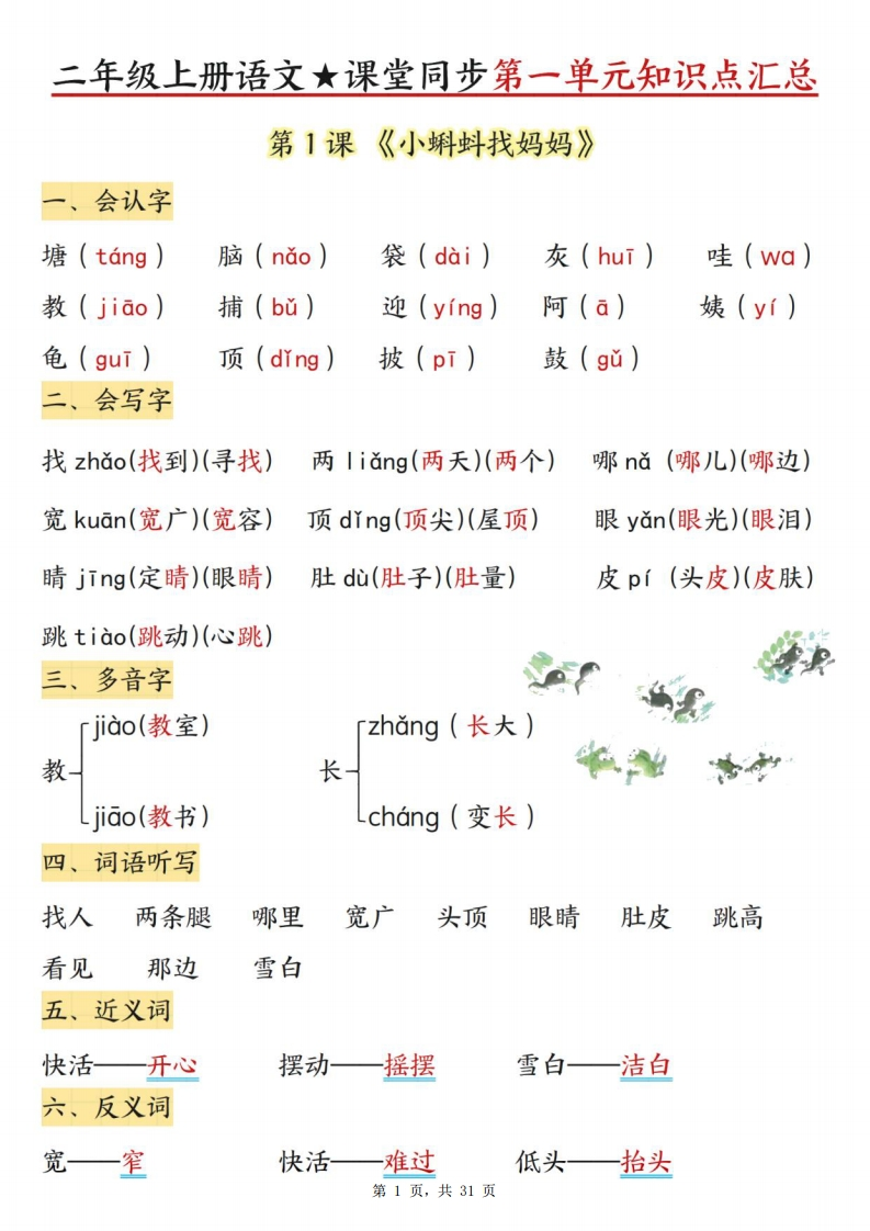 期中复习二年级上语文1-4单元课堂同步每课知识点汇总（31页）-watiku