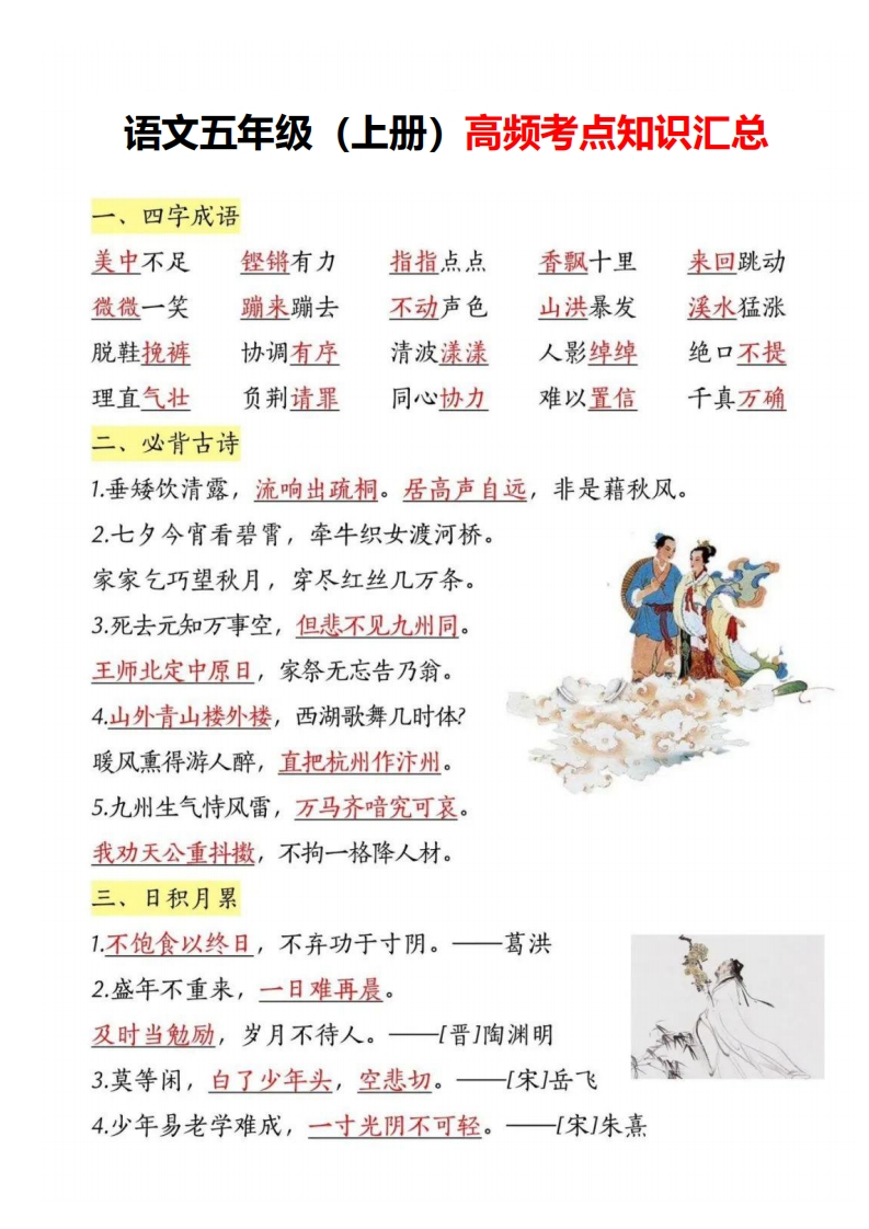 语文五年级（上册）高频考点知识汇总-watiku