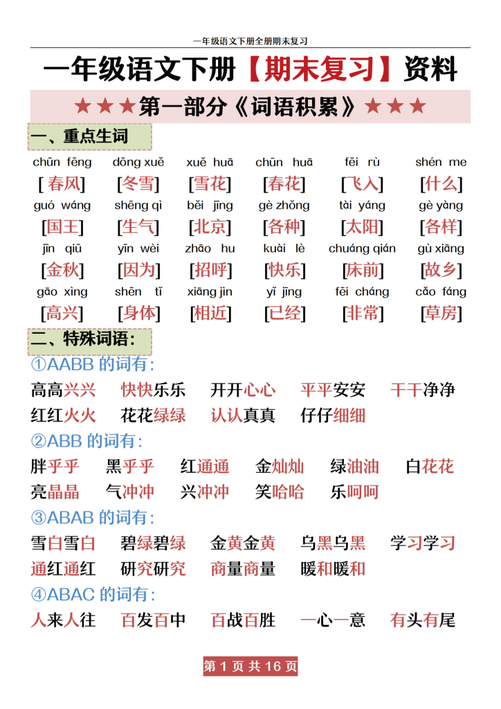 一下语文期末复习资料包2.0版（期末复习专项+知识点总结+期末试卷）