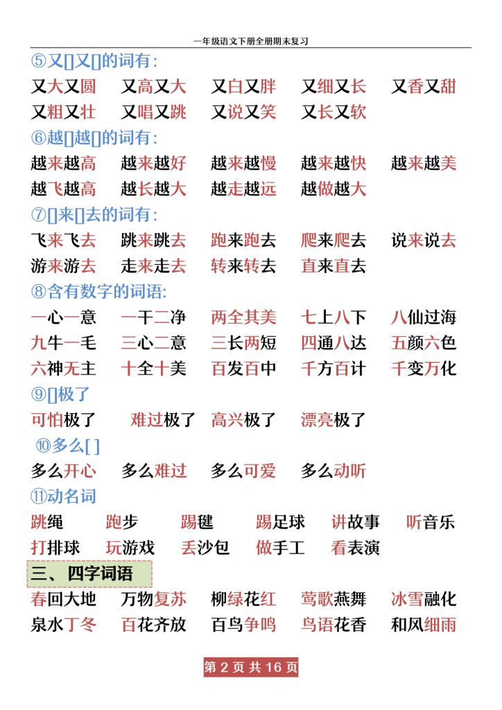 一下语文期末总复习期末全册复习资料（共16页）
