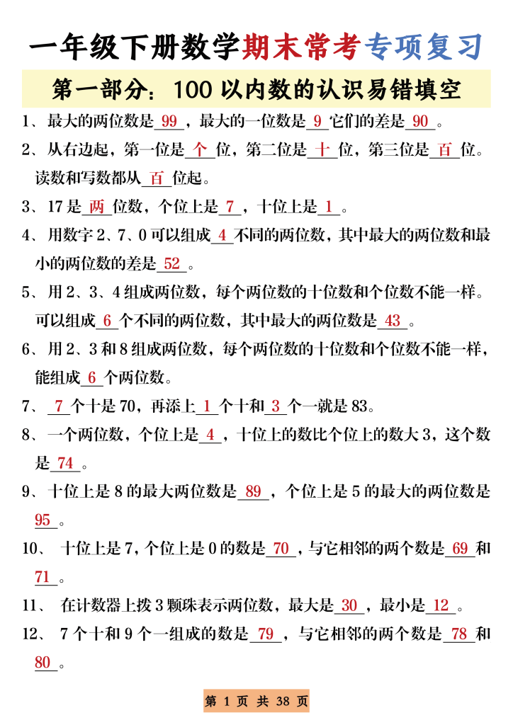 一下数学【期末常考重点专项复习】冲刺100分-watiku