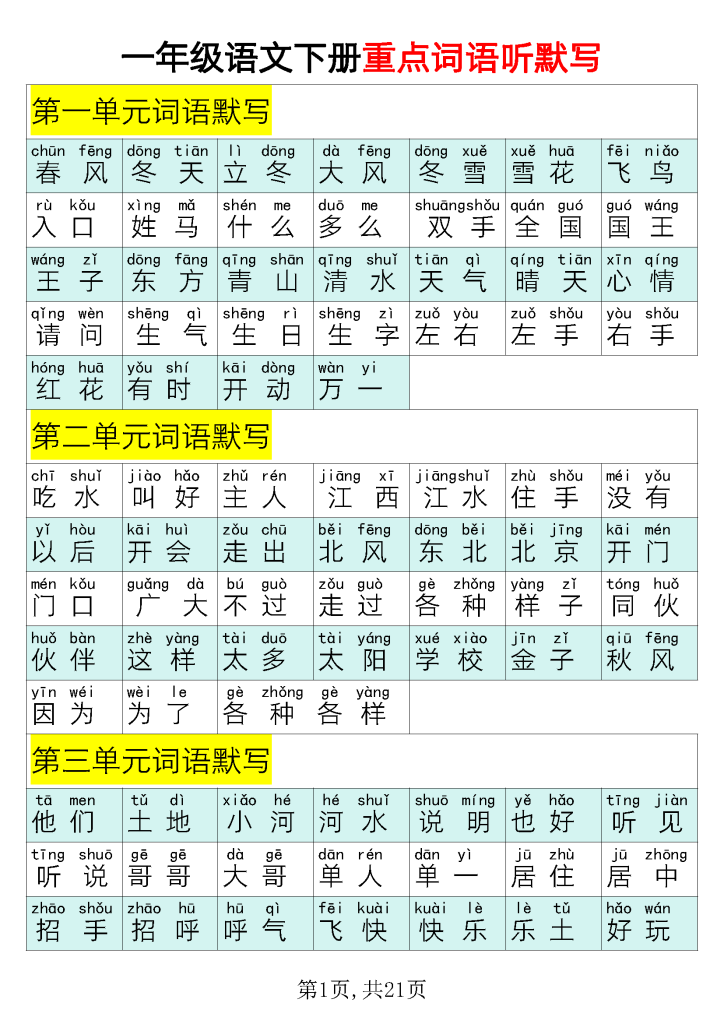 一下语文看拼音写词语专项练习（超全汇总）