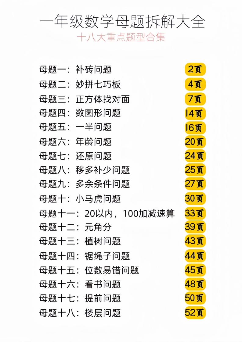 （必刷)一年级数学母题拆解大全分享版本彩色十八大重点题型-watiku