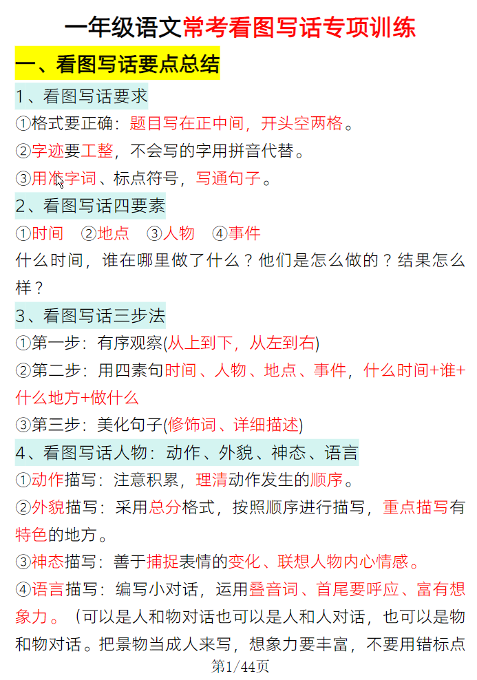 一年级语文下册常考看图写话专项训练-watiku