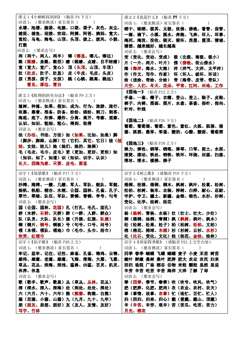 二（上）语文：认识词语贴书（4页新版）-watiku